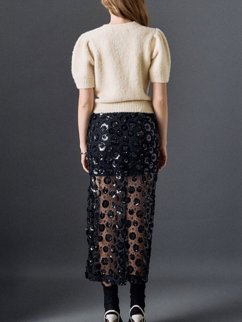 English Factory Holiday Bling Flower Sequin Sheer Black Midi Skirt NEW NWT $120 - Picture 7 of 8